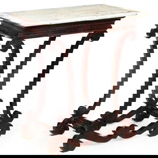 American Empire Mahogany Marble Top Side Pier Table ca. 1830: American Empire / Late Classical Mahogany and White Marble Pier Table, Circa 1830-1850.A lovely example from the first half of the 19th century, this pier table is designed to be viewed from any angle