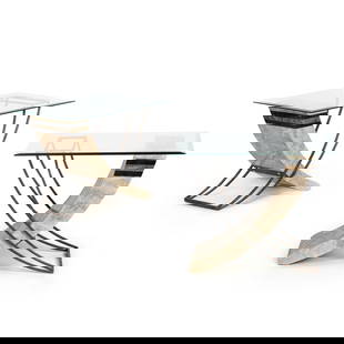 Pair of Modernist Iron, Glass Top and Stone Side Tables: Pair of modern side tables with glass tops and stone, late 20th century. Each with a rectangular beveled glass top resting on a sculptural crescent-form base composed of laminated stone veneer with a
