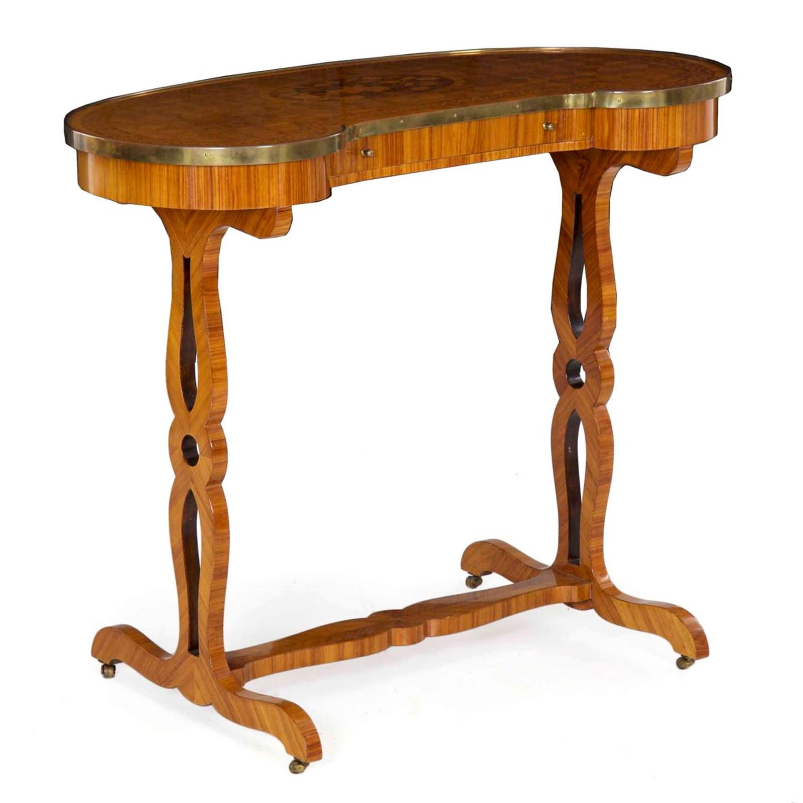 French Antique Vide-Poche Writing Table, 19th century: Louis XVI Style Kingwood Veneered Writing Table, Vide-Poche en Rognon, French, ca. late 19th century.A French Louis XVI style writing table of kidney (rognon) form, veneered in kingwood with marquetry