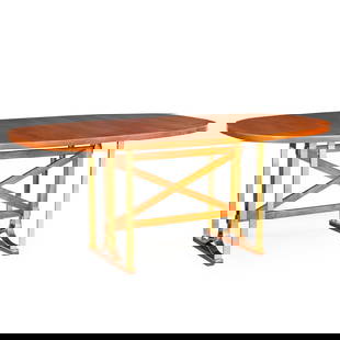 Mid-Century Modern Cherrywood and Brass Dining Table: Modernist Cherrywood and Brass Dining Table, probably Italian ca. 1950.On X-form stretchers between brass-plated legsA nice ready to place cherrywood veneered table, it features a nice ovular form wit