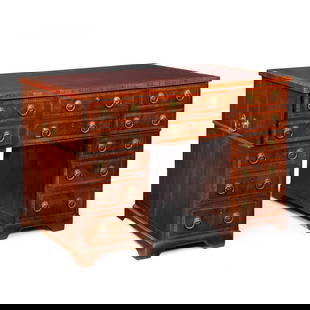 English George III Inlaid Mahogany Partner's Writing Desk by James Winter & Son ca. 1830: George III Inlaid Mahogany Tooled Leather Rent Pedestal Partner's Desk, England, circa 1830, stamped JAMES WINTER & SONS, 101 WARDOUR STREET LONDON; lock stamped BRAMAH PATENTA pedestal rent desk of a