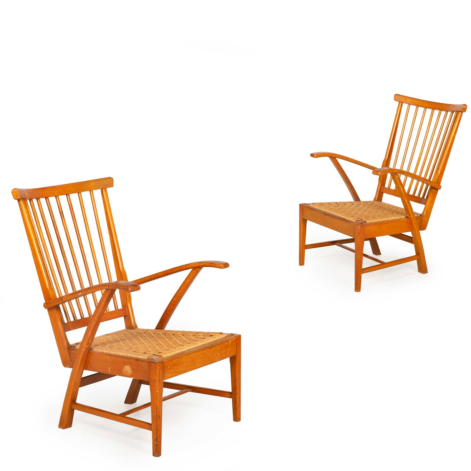 Pair of Vintage Mid-Century Modern Beechwood and Woven Twine Arm Chairs, Dutch or Belgian ca.: Pair of Mid-Century Modern Beechwood Woven Twine Arm Chairs, Belgium or Netherlands, circa 1950-70 Label on one VERO STOEL / de sterke stoel with a running rabbit A sleek and austere pair of mid-centu