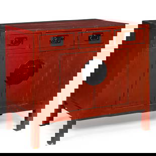 Antique Chinese Red-Lacquered Elmwood Cabinet Chest: Vintage Red Lacquered Elmwood Asian Cabinet, circa early-to-mid 20th century. A Chinese red-lacquered elmwood chest fitted with three drawers over a pair of paneled doors. The drawers retain original