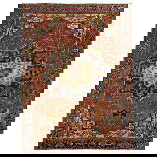 Antique Heriz Room Size Rug circa 1900, 13.5' x 10': Room-size Antique Heriz with Serapi Colors. Woven at the turn of the century with an overall ground woven in threads of warm brick red in a design that remains largely open with a matrix of woven vine