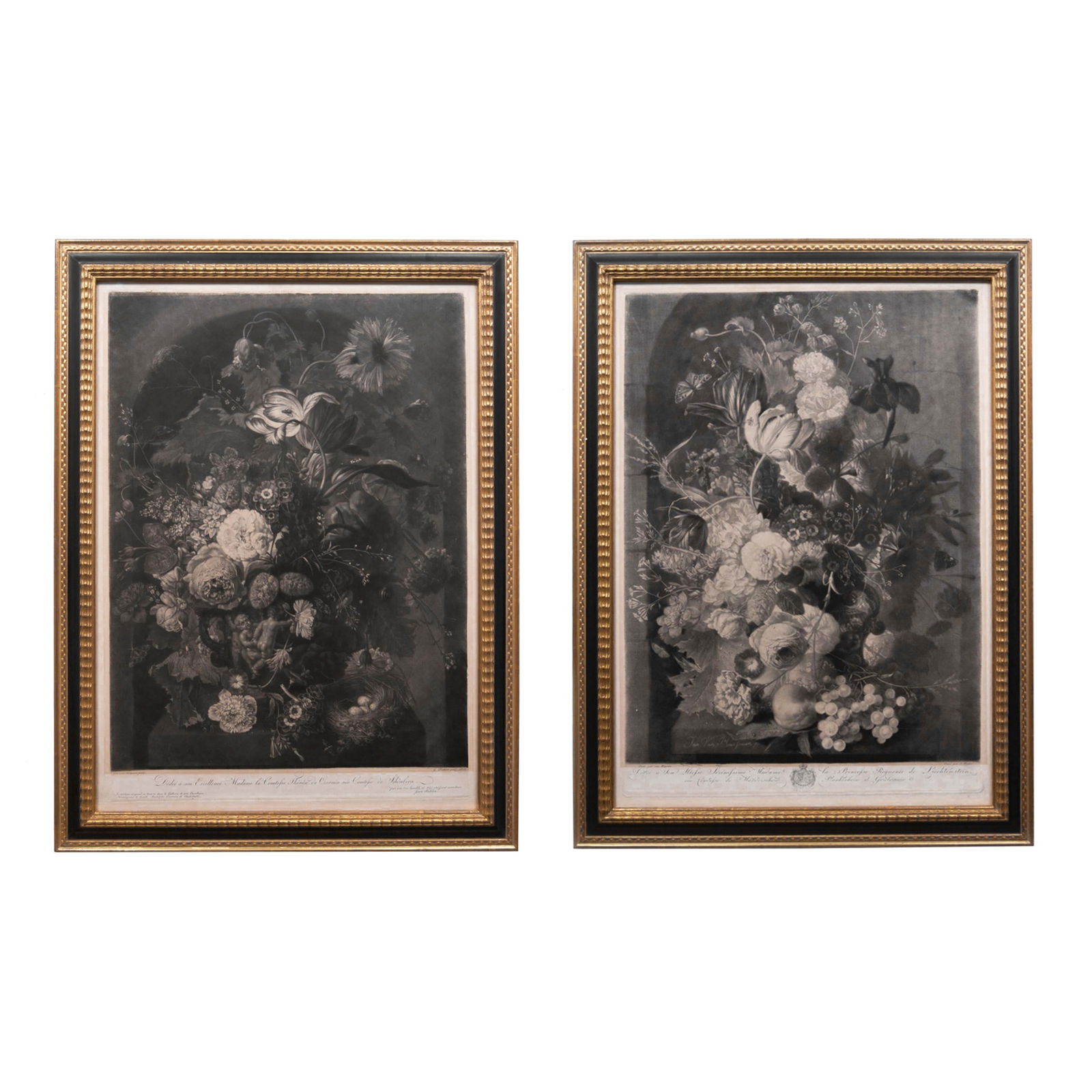 Vintage Pair of Still-Life Mezzotint Engravings by Johann Pichler after Jan van Huysum ca. 1806: RARE PAIR OF ENGRAVINGS OF STILL LIFE WITH FLOWERS AND BIRD'S NEST AND STILL LIFE WITH FLOWERS AND FRUIT BY JOHANN PETER PICHLER AFTER JAN VAN HUYSUM A handsome pair of mezzotints on paper by Austrian