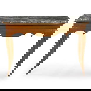 French Provincial Painted Marble Top Console Table: FRENCH PROVINCIAL PAINTED GRAY MARBLE TOP CONSOLE TABLEShaped apron and cabriole legs in original warm ochre-red paint. Pegged mortise-and-tenon joinery. 30 3/8 H x 46 W x 26 1/8 D
