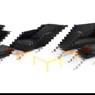 Pair of Mogens Hansen MH195 Black Leather Armchairs with Ottoman Stool: Pair of Mogens Hansen MH195 Lowback Black Leather Arm Chairs with Ottoman.This very nicely patinated pair of MH195 lowback armchairs retain their original worn top-grain black leather coverings over t
