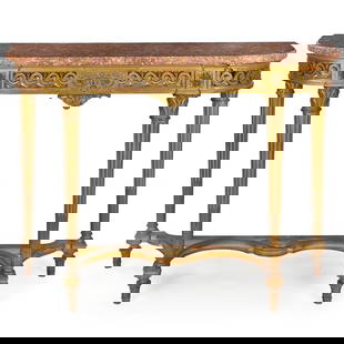 French Louis XVI Style Giltwood Marble Top Pier Console Table: Louis XVI Carved Giltwood Marble Top Pier Table or Console Table, French, late 19th/early 20th century.A very good pier table with a conforming wonderful red and yellow marble top, it features a pierc