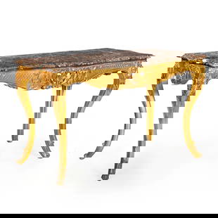 French Louis XV Style Carved Giltwood Marble Top Console Table: Louis XV Style Carved Giltwood and Marble-Top Console Table, France, 20th century.Shaped veined marble top over a pierced giltwood apron with foliate C-scrolls, rocaille, and latticework carving. Cabr