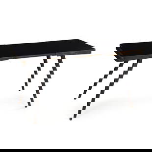 Vintage Ebonized Beech Cocktail Table w/ Black Glass: Mid-Century Modern Gio Ponti Style Splay Legged Cocktail Table in Ebonized Beech and Blackened Glass, mid 20th century.Sleek cocktail table with steam-bent wood frame forming a subtle lip around a bla