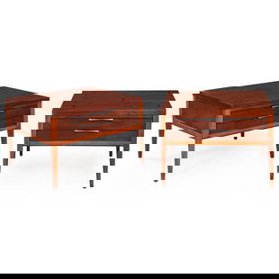 Pair of MCM Lane Tuxedo Walnut End Table Nightstands: Pair of Mid-Century Modern Lane Tuxedo Walnut and Rosewood Inlaid Bowtie End Tables with Brushed Steel Pulls, United States circa 1960s.Each branded inside the drawers; Altavista, Virginia, circa 1960