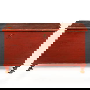 American Red Painted Dovetailed Blanket Chest, 19th century: American Red Painted Dovetailed Blanket Chest on Turned Feet, mid-19th century. A red-painted poplar blanket chest with dovetailed case, turned feet, and molded edge lid. Retains its original turned f
