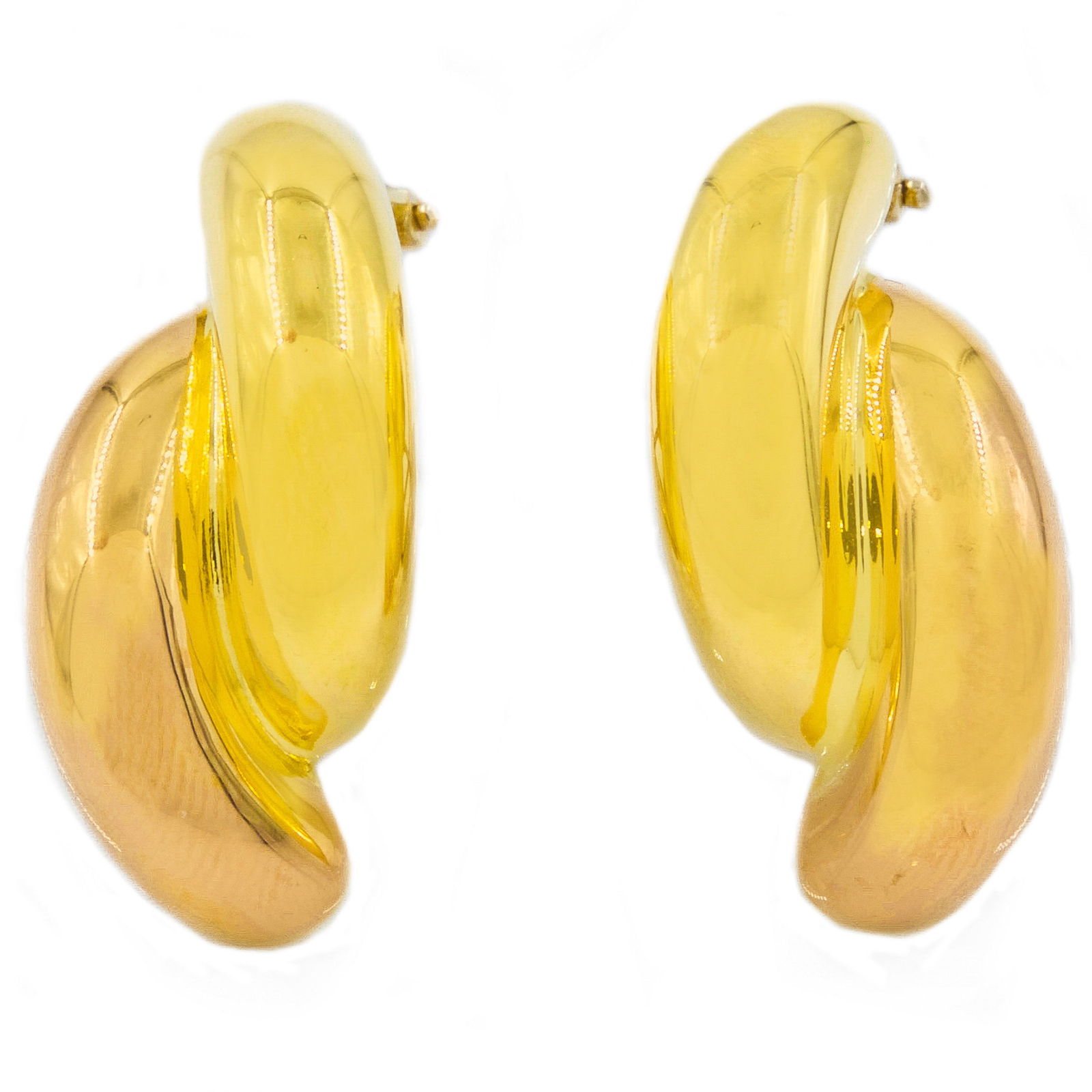 Pair of Vintage Italian Nicolis Cola 18k Pink and Yellow Gold Half Loop Earrings: A fine modern pair of vintage bicolor 18k yellow and pink gold earrings by designer Nicolis Cola of Italy, each marked with his crisp maker's seal and stamped with the Italian assay markings for Vicen