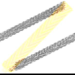 Vintage Italian 14k Tricolor Yellow, Rose, White Gold Chevron Pattern Bracelet, 7 long: A very fine chevron patterned flexible-link bracelet executed in solid 14k rose, yellow and white gold bars, the tiny balls that run along the side are indicative of pins that run through each pivot p
