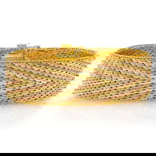 Vintage Italian 14k Tri-Color Gold Chevron Pattern Bracelet, 7 long, 63.8 grams: A chevron patterned flexible-link bracelet made of solid 14k rose, yellow and white gold bars, the tiny balls that run along the side are indicative of pins that run through each pivot point of the br