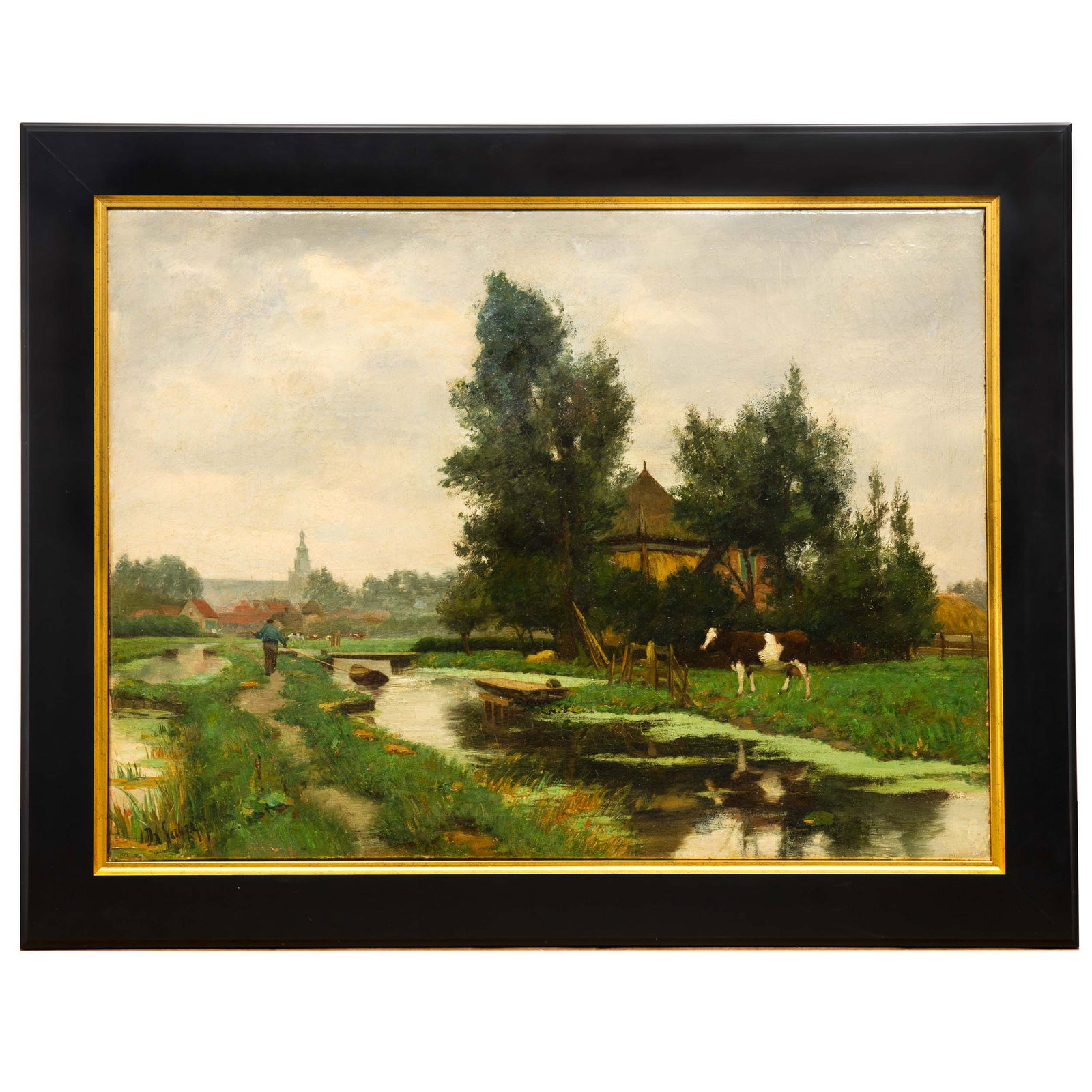 Dutch Barbizon Pastoral Landscape of Cows by Hendrik Martinus Savry: Hendrik Martinus Frederik George Savry Dutch, 1823–1907 Oil on canvas; signed lower left “H. Savry f.” Dutch pastoral landscape depicting a cow beside a canal near a thatched farmhouse, with