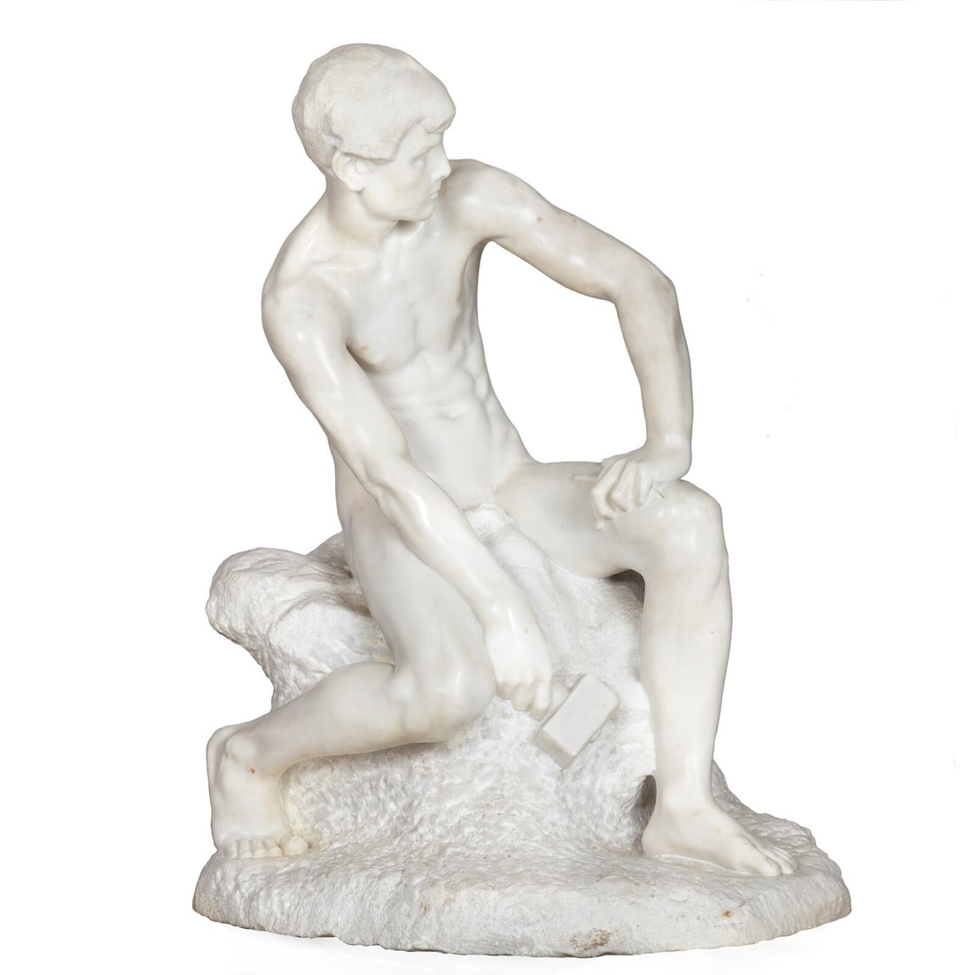 Workshop Of Barsanti Marble Figure Of A Young Stone Carver: Workshop Of Barsanti Marble Figure Of A Young Stone Carver Italy, first half 20th century. Carrara marble figure of a young stone carver, signed to the back by Barsanti, Pietrasanta. The figure is mod
