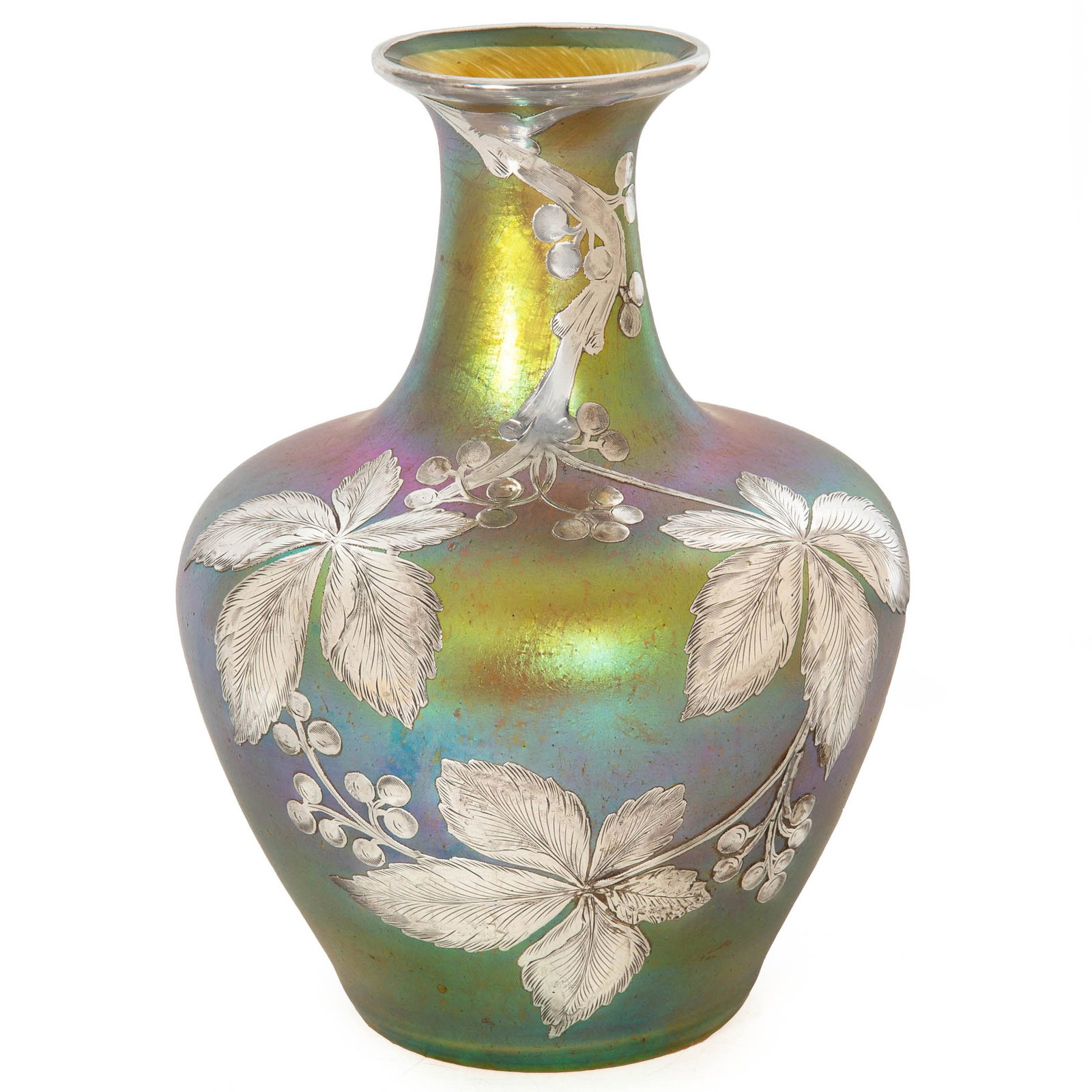 Austrian Iridescent Glass Vase attr. to Loetz with La Pierre Sterling Slver Overlay: Austrian iridescent glass vase attributed to Loetz with La Pierre silver overlay Austria, circa 1900 Marked “L / Sterling” for La Pierre; ground pontil marked “41” Art Nouveau iridesce