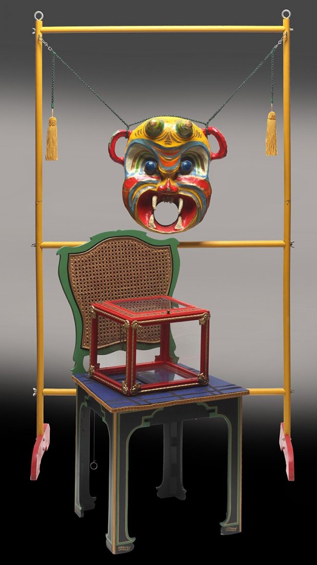 Okito Scare Mask & Dove Illusion: A scarce beautiful original Okito illusion circa 1950’s. First described in The Linking Ring in 1950 and written about in Okito on Magic 1952. A large Chinese “Scare Mask” used to scare away evi