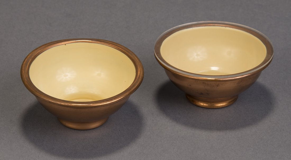 Copper Rice Bowls - Petrie-Lewis: Classic Rice Bowls c. 1950 with new clear disc. White enameled interior. Condition: Very Good.