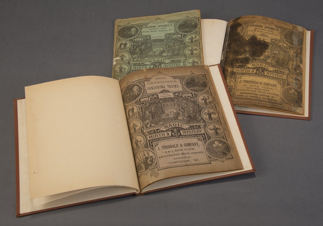 J. Theobald & Co.: #3511, #3512, #3516 from Burton Sperber’s Checklist of Conjuring Catalogs. Consists of: Catalogue of Conjuring Apparatus 1889. Brown binding, tan with black text. 6.8” x 9.3” with 60 pages. Stai