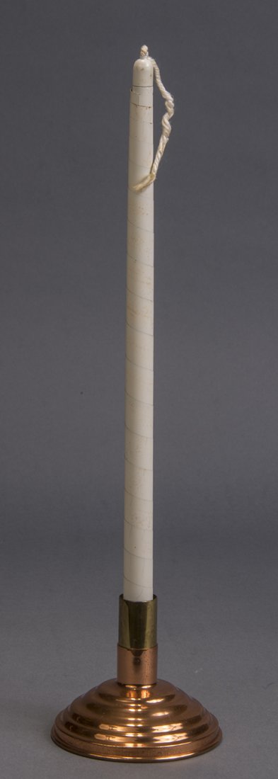 Haskell/Merv Taylor Candle-Lite: The original spiral metal vanishing candle (inspiration to the later Fantasio model). With Taylor-made candlestick holder. c. 1955. Condition: Very Good.