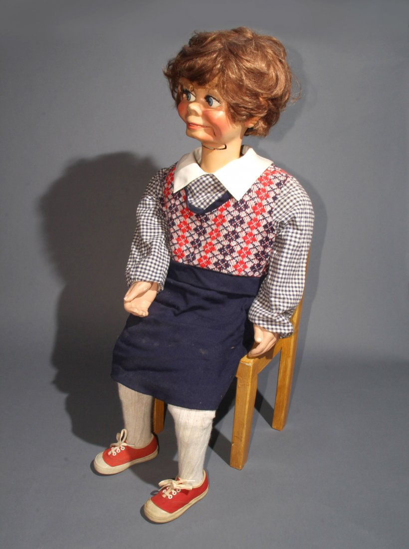 VENTRILOQUIST FIGURE: GIRL – MAHER: Finely detailed large figure with movements including: mouth, eyes, eyebrows and double winking eyelids. Dressed in blouse, sweater, dress and tennis shoes. Maher Studios. Circa 2000. Condition: Excel