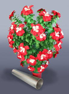 50 BLOOM BOTANIA – RED/WHITE – MARSHALL: Charles Bronstrup & Richard Hughes made when they owned the company- feather flower bush that appears from a small metal cone and stands over 4 feet tall when produced. Large, bright red/white blooms