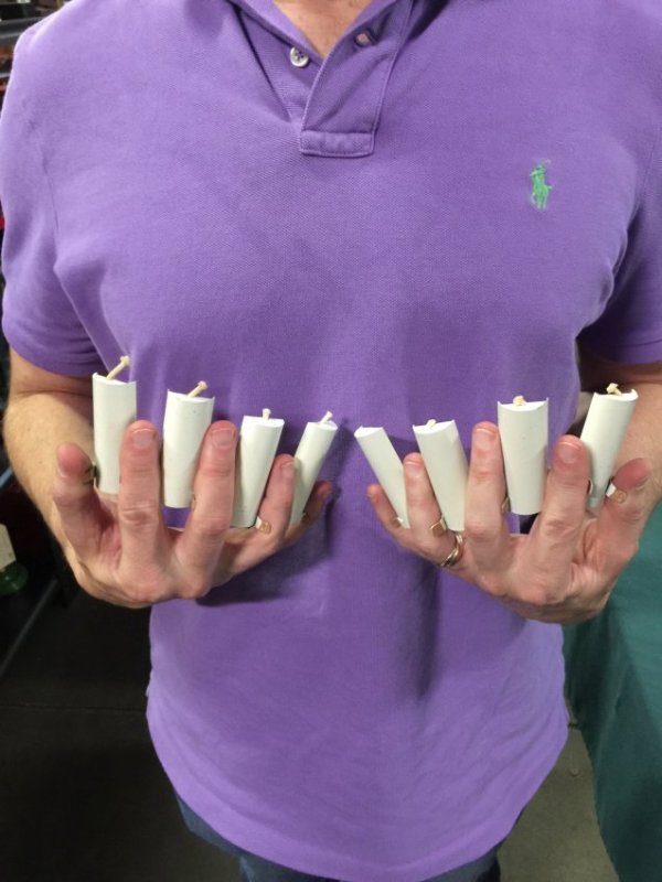 MULTIPLYING CANDLES, LEFT & RIGHT SET - MORGAN: Made by Morgan. Precision set of candles for both hands that multiply from one to four in the magician's hands. A total of 8 candles can be produced. Condition: Very Good