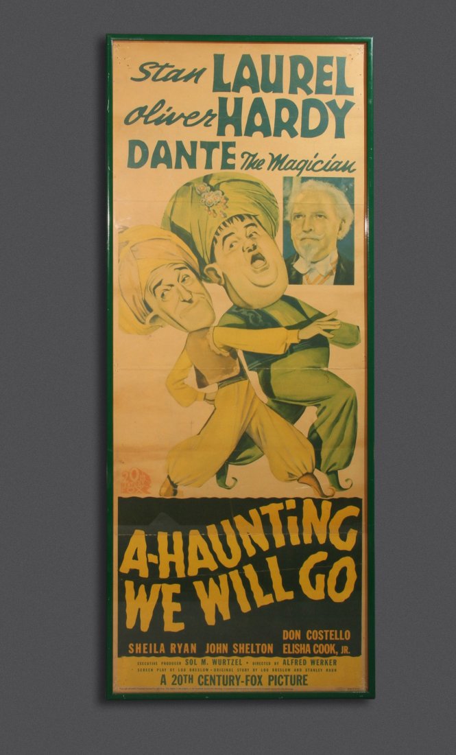 POSTER: “A HAUNTING WE WILL GO”: Approximately 14” x 42” framed panel poster for the 1942 Laurel and Hardy feature, co-starring Dante The Magician (Harry Jansen.) Condition: Good, with fading to the image. Not examined out of the