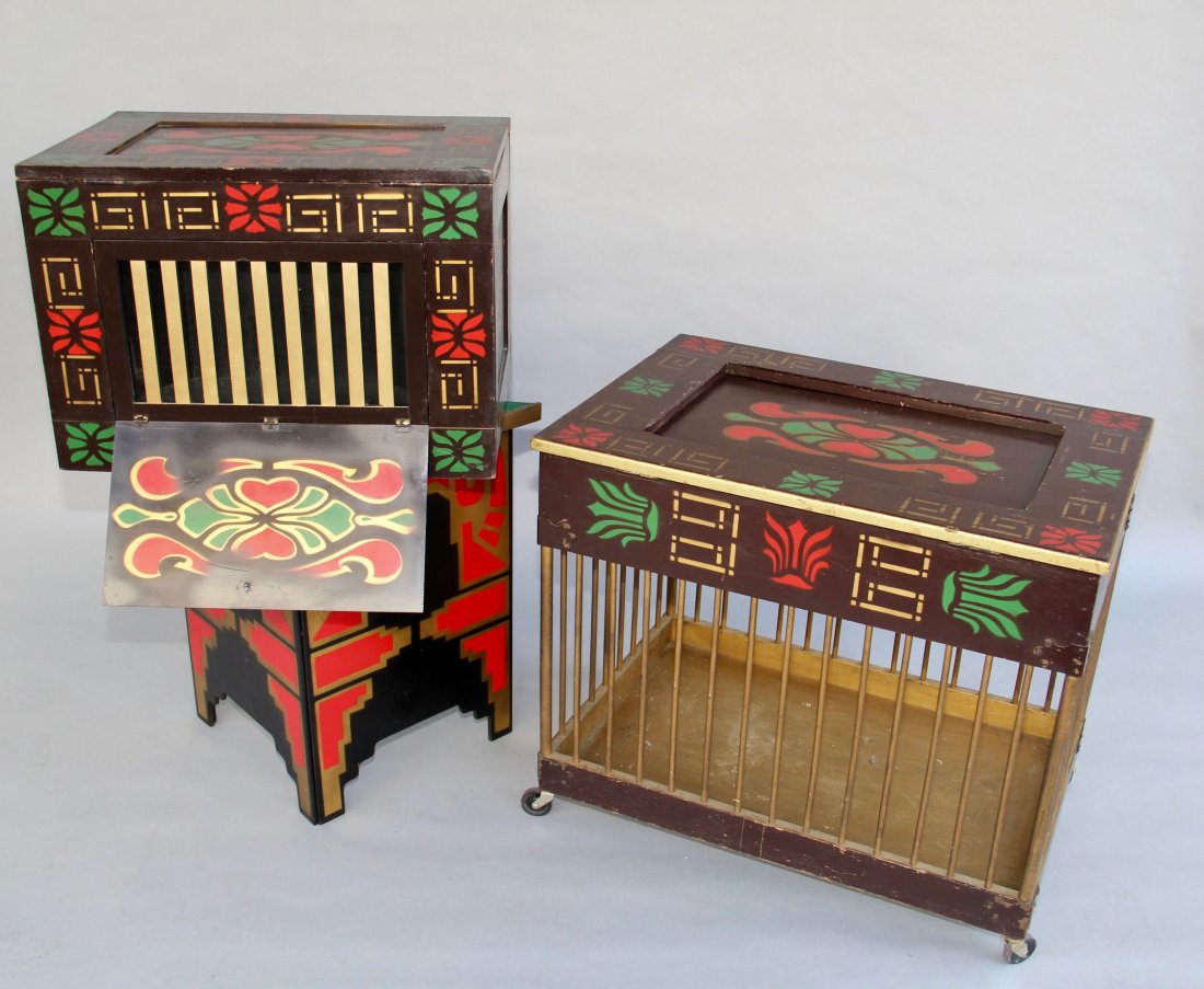 Thayer Super Vanish Extraordinary: Circa 1928. Ducks or other livestock are removed from a decorated cage and placed into an ornate box with a slatted front. At the magician’s command, the livestock visibly and instantly vanish. The