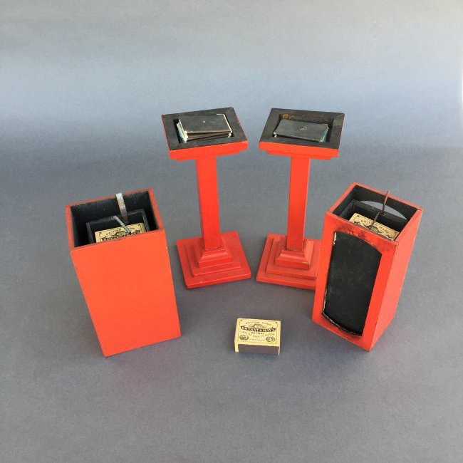 Orrin's Match Box Routine - J.F. Orrin: Wonderful parlor effect where a stack of matchboxes transposes from one pedestal to another. Very clever apparatus. Not many produced - Scarce.