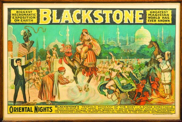 (Poster) Blackstone, Harry Sr. Blackstone Orienta: (Poster) Blackstone, Harry Sr. Blackstone Oriental Nights. Erie Pennsylvania, Erie Lithograph Company, 1918. Size one sheet (40 x 28) color lithograph poster. Dancing girls, floating camel, Indian Rop