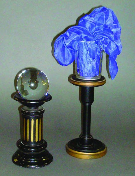 (Apparatus) Two Items: Pedestal Reader. Silk Ped: (Apparatus) Two Items: Pedestal Reader. Silk Pedestal. Thayer, Thayer Magic, ca. 1930. Gold and black pedestal holding a crystal ball offering a simplified method to read questions or answers. Silk Pe