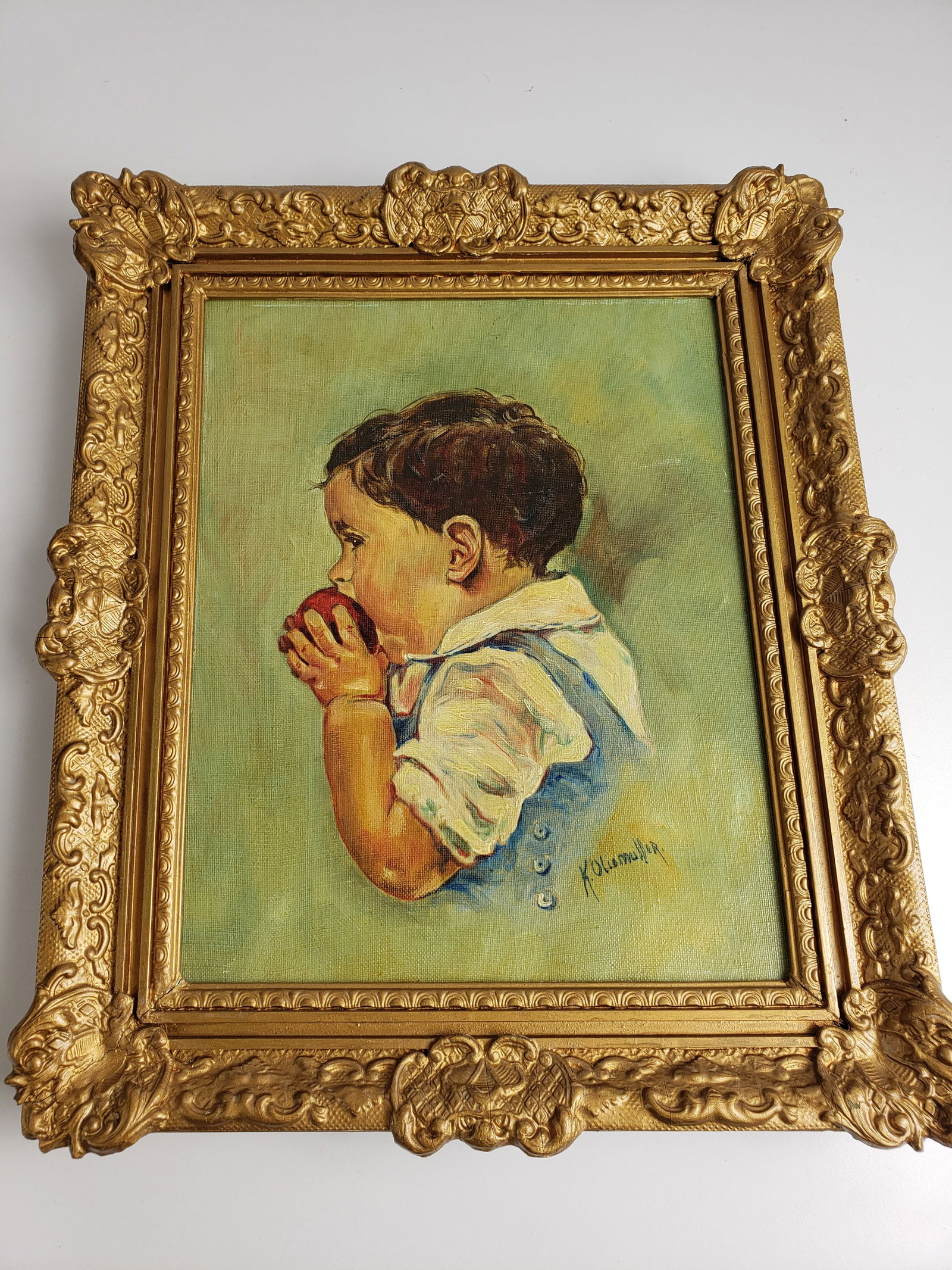 Oli on Canvas Portrait of a Child Eating an Apple by K Oliomuller