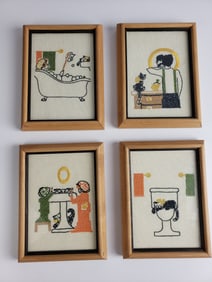 4 x Vintage Needlepoint Bathroom Scenes