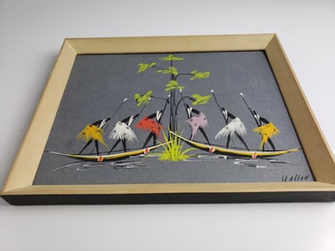 Poto Poto School Gouache Painting of Tribal Boating Scene Signed Hassan?