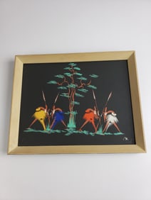 Poto Poto School Gouache Painting of Tribal Hunting Scene Signed Illegible