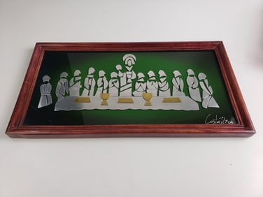 Mid Century Last Suppoer Scene in Cut Metal on Enamel Background - Costa Rica
