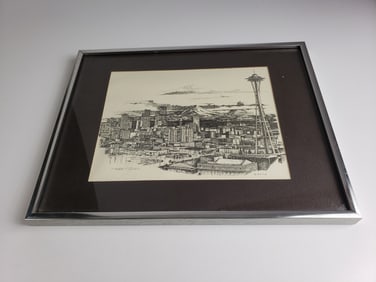 Vintage Paul Bollen PNW Etching LMy Silver City Mt Ranier City Skyline