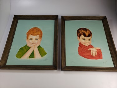 Pair of Mid Century Amateur Portait on Board Signed Inez Morrison 65