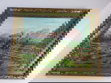 Mid Century Amateur Painting Oil on Board Ranch Gate Landscape Signed Inez Morrison 68