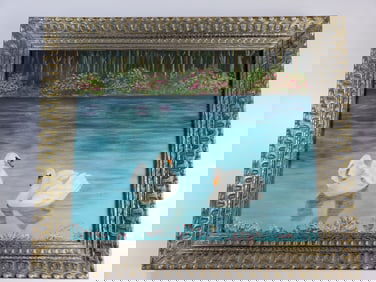 Mid Century Amateur Painting Oil on Board Swans on Lake Signed Inez Morrison 66