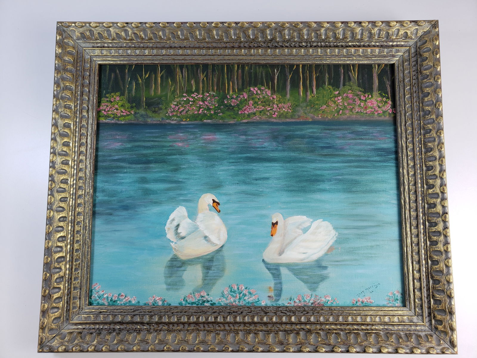 Mid Century Amateur Painting Oil on Board Swans on Lake Signed Inez Morrison 66 (1 of 8)