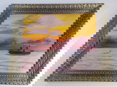 Mid Century Amateur Painting Oil on Board Sunset Fishing Signed Inez Morrison 66