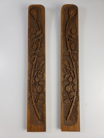 Pair of Hand Carved Folk Art Wood Plaques Rose Stem