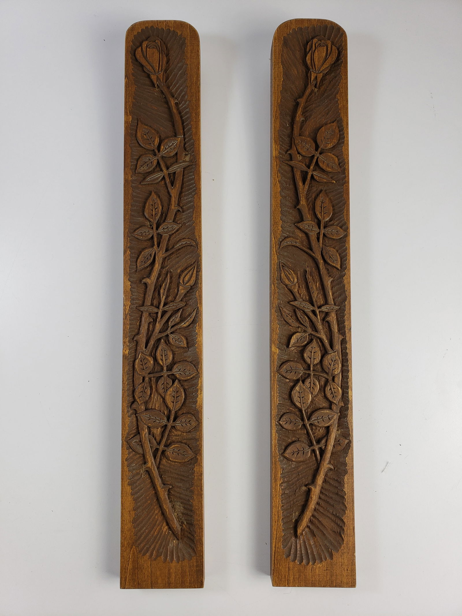 Pair of Hand Carved Folk Art Wood Plaques Rose Stem (1 of 10)