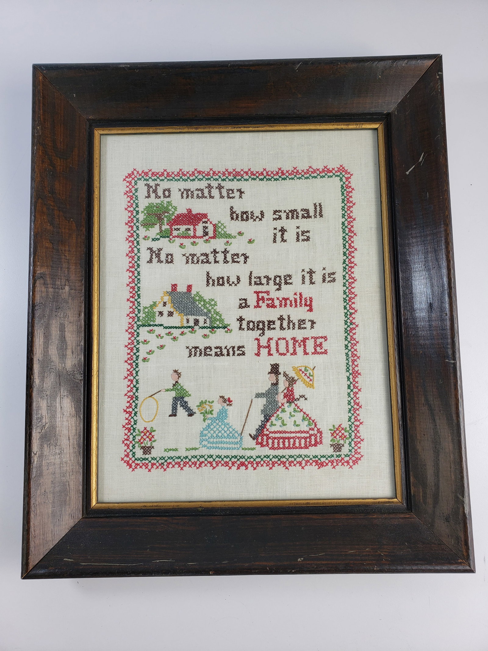 Vintage Needlepiont Family and Home Homily: Diverse selection of art from multiple estates including original works, major artists, amateur works, signed prints, needlepoint, maps, engravings and more. Many items are framed, expect some scuffin