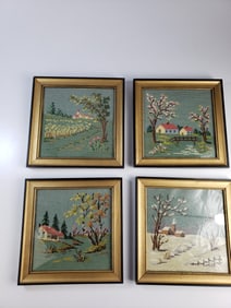 4 x Vintage Needlepoint 4 Seasons Farm Scenes
