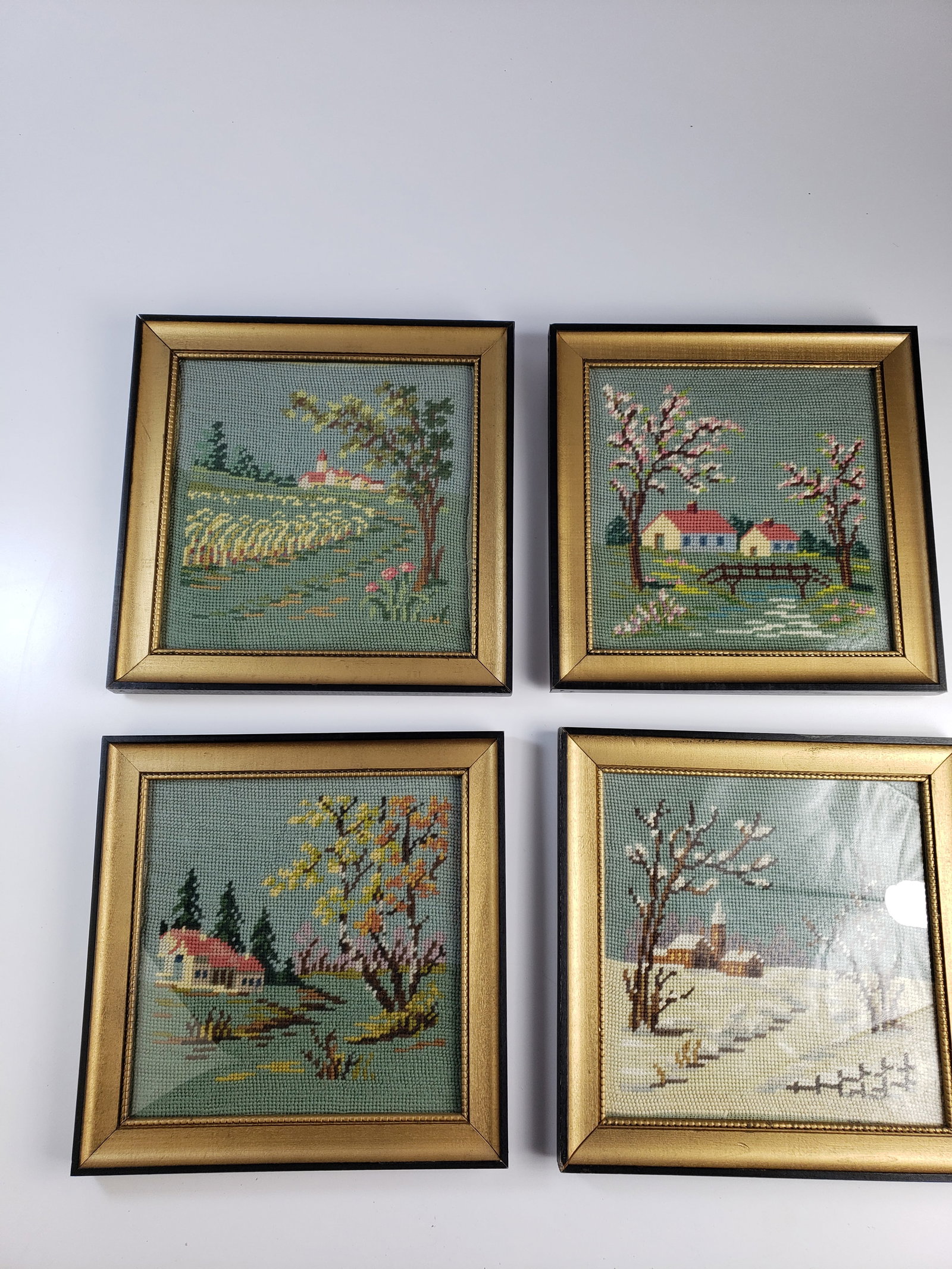 4 x Vintage Needlepoint 4 Seasons Farm Scenes (1 of 6)